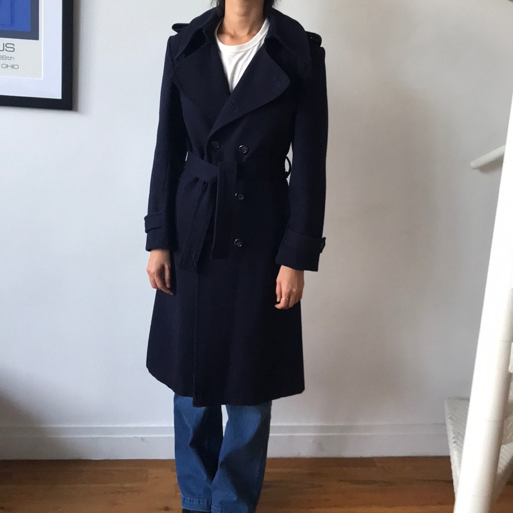 Vintage navy wool double breasted trench coat